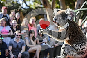 koala receiving heartshaped medal from zookeeper, crowd watching