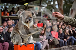 koala receiving heartshaped medal from zookeeper, crowd watching