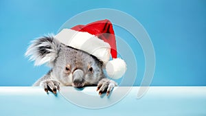 Koala in red Santa Claus hat peeking over blue background. Christmas and New Year celebration concept.
