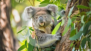 A koala sitting in a eucalyptus tree