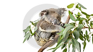 A koala sleeping peacefully in the fork of a eucalyptus tree on a white background