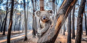 Koala in a tree in a burned down forest Creative AI photo