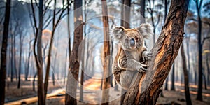 Koala in a tree in a burned down forest Creative AI photo