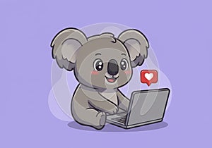 Koala Using Laptop with Heart Notification Cartoon Character photo