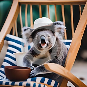 A koala wearing a beach hat and sunglasses, lounging in a beach chair1