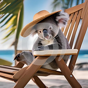 A koala wearing a beach hat and sunglasses, lounging in a beach chair2