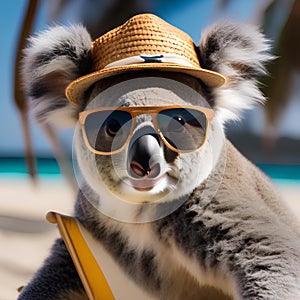 A koala wearing a beach hat and sunglasses, lounging in a beach chair3