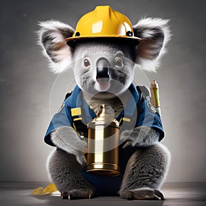 A koala wearing a firefighter helmet and putting out a fire4 photo