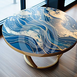 Ocean Waves Marble Table With Gold And Blue Woodcut-inspired Graphics photo