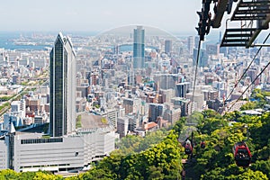 Kobe cityscape skyline and port with cable car view from mountain.