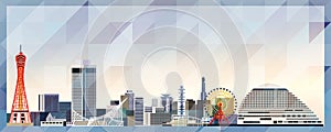 Kobe skyline vector colorful poster on beautiful triangular texture background