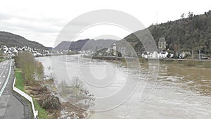 Kobern-Gondorf, Germany - 01 05 2022: Flood seen from the bridge Niederfell - Kobern-Gondorf