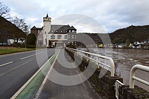 Kobern-Gondorf, Germany - 01 05 2022: main road through Oberburg open, though the flood is close