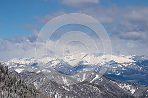 Kobesnock - Panoramic view of the snowcapped mountain ranges of High Tauern and Nock Mountains