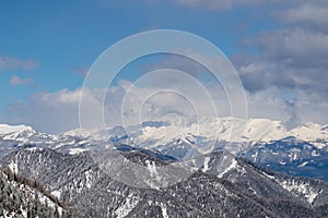 Kobesnock - Panoramic view of the snowcapped mountain ranges of High Tauern and Nock Mountains