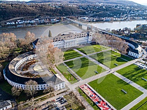 Koblenz City in Rhineland Palantino - Germany - aerial shot of historic German palace Building wit hhuge park