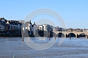 Koblenz, Germany - 02 27 2022: BalduinbrÃ¼cke with Koblenz old town at the Mosel