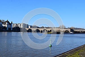 Koblenz, Germany - 02 27 2022: BalduinbrÃ¼cke Koblenz with ship parking below