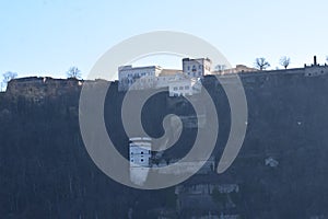 Koblenz, Germany - 02 27 2022: cliffs at the Rhine and Festung Ehrenbreitstein