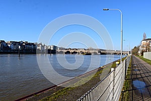 Koblenz, Germany - 02 27 2022: view up the Mosel with old town and BalduinbrÃ¼ckerts