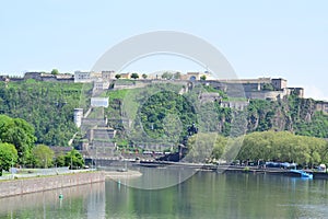 Koblenz, Germany - 04 30 2024: Festung Ehrenbreitstein with Deutsches Eck below