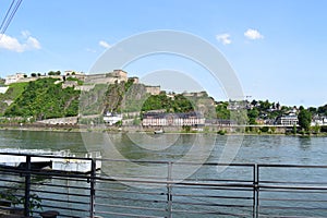 Koblenz, Germany - 04 30 2024: Festung Ehrenbreitstein with town part Ehrenbreitstein below