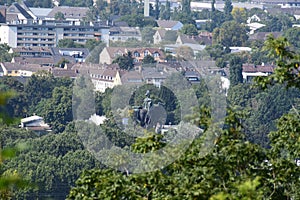 Koblenz, Germany - 09 06 2021: view to the Kaiser Wilhelm statue at Deutsches Eck, from the Asterstein