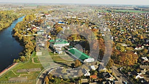 Kobryn, Brest Region, Belarus. Cityscape Skyline In Autumn Sunny Day. Bird`s-eye View Of Church of the Dormition. Famous