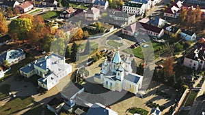 Kobryn, Brest Region, Belarus. Cityscape Skyline In Autumn Sunny Day. Bird`s-eye View Of Church of St. Alexander Nevsky