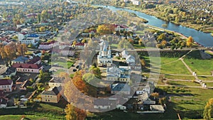 Kobryn, Brest Region, Belarus. Cityscape Skyline In Autumn Sunny Day. Bird`s-eye View Of Church of St. Alexander Nevsky