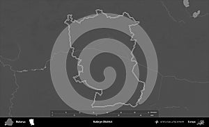 Kobryn District outlined, Belarus. Grayscale
