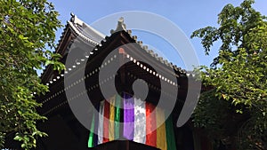 Kobuchi Kannon Temple`s roofs and colorful curtains