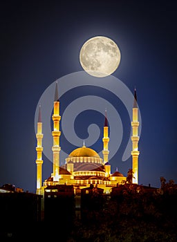 Kocatepe Mosque at night under full moon, Ankara, Turkey