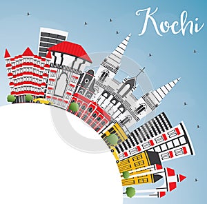 Kochi India City Skyline with Color Buildings, Blue Sky and Copy