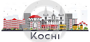 Kochi India City Skyline with Color Buildings Isolated on White.