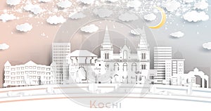Kochi India City Skyline in Paper Cut Style with White Buildings, Moon and Neon Garland photo
