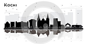 Kochi India City Skyline Silhouette with Black Buildings and Reflections Isolated on White