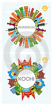 Kochi India and Shanghai China City Skyline Set photo