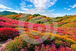 Kochia and cosmos bush with hill landscape Mountain,at Hitachi Seaside Park in autumn with blue sky at