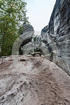 Kocici skaly rock formation near Ostas hill in CHKO Broumovsko in Czech republic