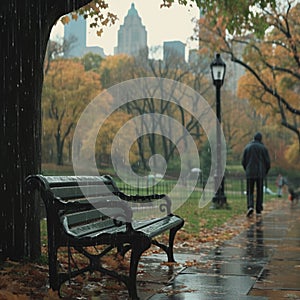 Kodak moment Rainy Central Park, a guy approaching a bench