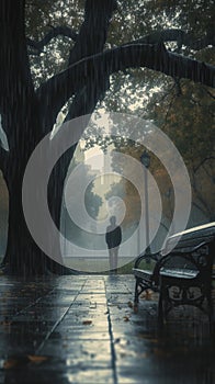 Kodak moment Rainy Central Park, a guy approaching a bench