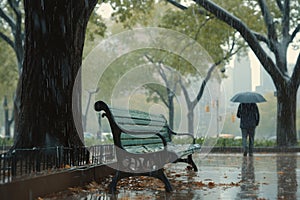 Kodak moment Rainy Central Park, a guy approaching a bench