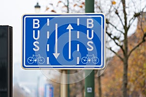 Koekelberg, Brussels Capital Region, Belgium - Blue sign for bus and bike lanes