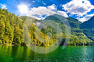 Koenigssee lake with Alp mountains, Konigsee, Berchtesgaden