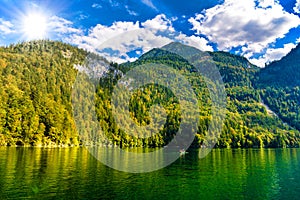 Koenigssee lake with Alp mountains, Konigsee, Berchtesgaden Nati