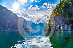 Koenigssee lake with Alp mountains, Konigsee, Berchtesgaden National Park, Bavaria, Germany