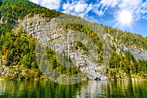 Koenigssee lake with Alp mountains, Konigsee, Berchtesgaden National Park, Bavaria, Germany