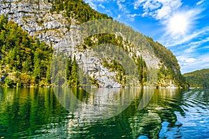 Koenigssee lake with Alp mountains, Konigsee, Berchtesgaden National Park, Bavaria, Germany