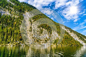 Koenigssee lake with Alp mountains, Konigsee, Berchtesgaden National Park, Bavaria, Germany